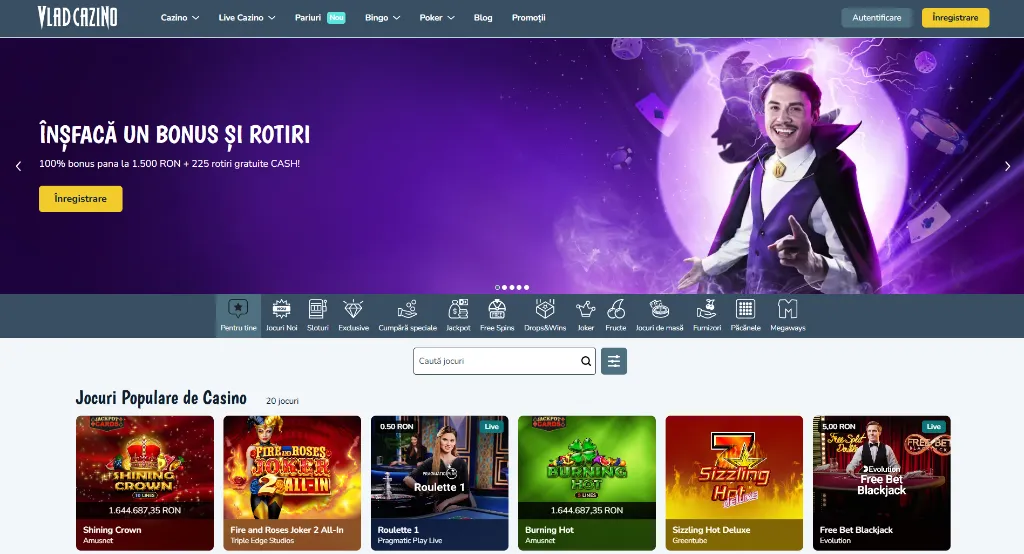 Pagina principală Vlad Casino cu bonus de bun venit și jocuri populare de cazino afișate pe platformă