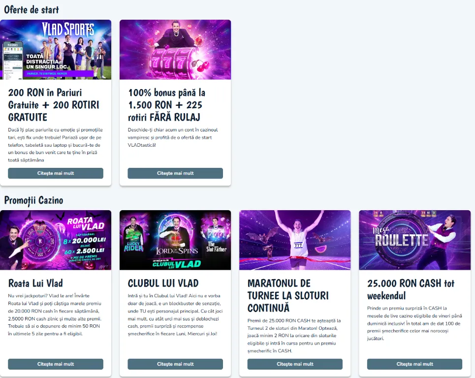 Oferte și promoții Vlad Casino, inclusiv rotații gratuite, bonusuri la depunere și turnee de sloturi