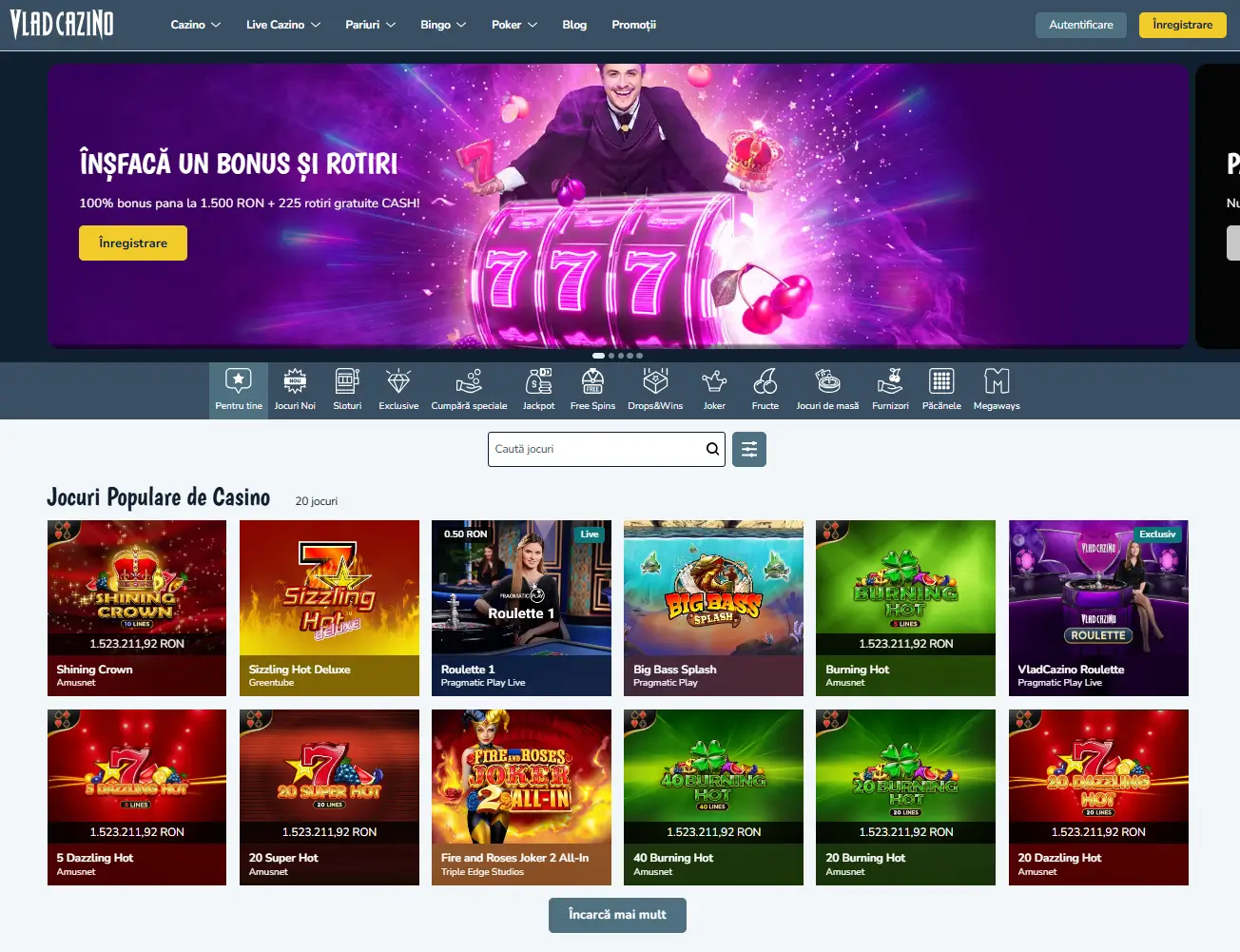 Banner bonus de bun venit Vlad Casino și jocuri populare